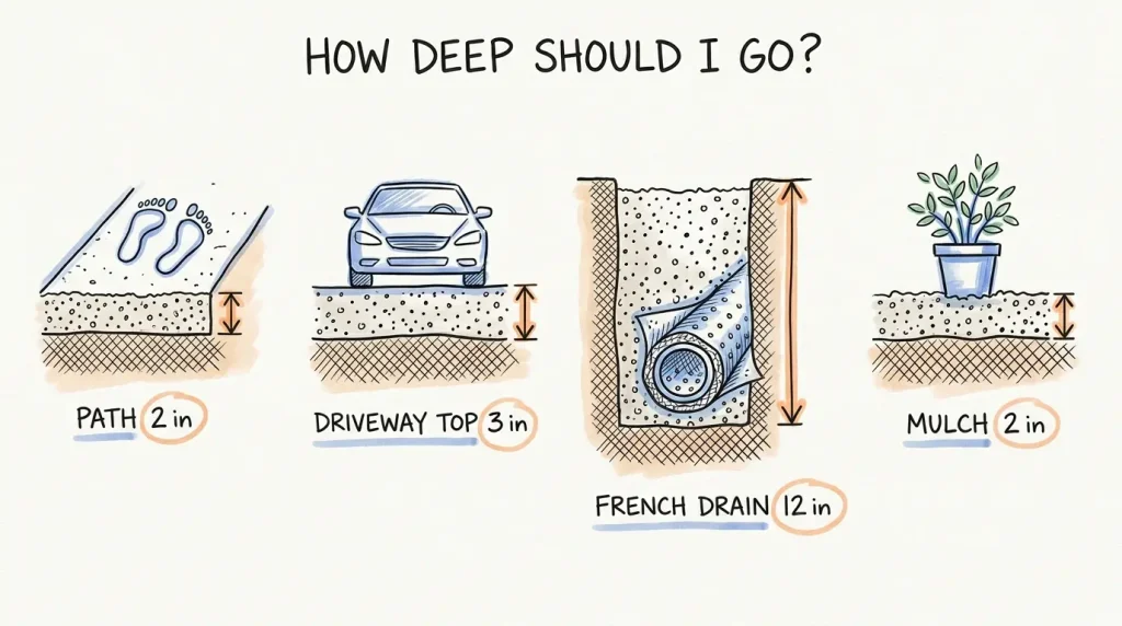 Depth is set by traffic and drainage, not by budget.