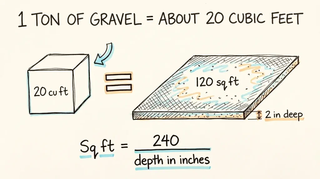 Twenty cubic feet of stone, spread two inches thick, lands right around 120 square feet.