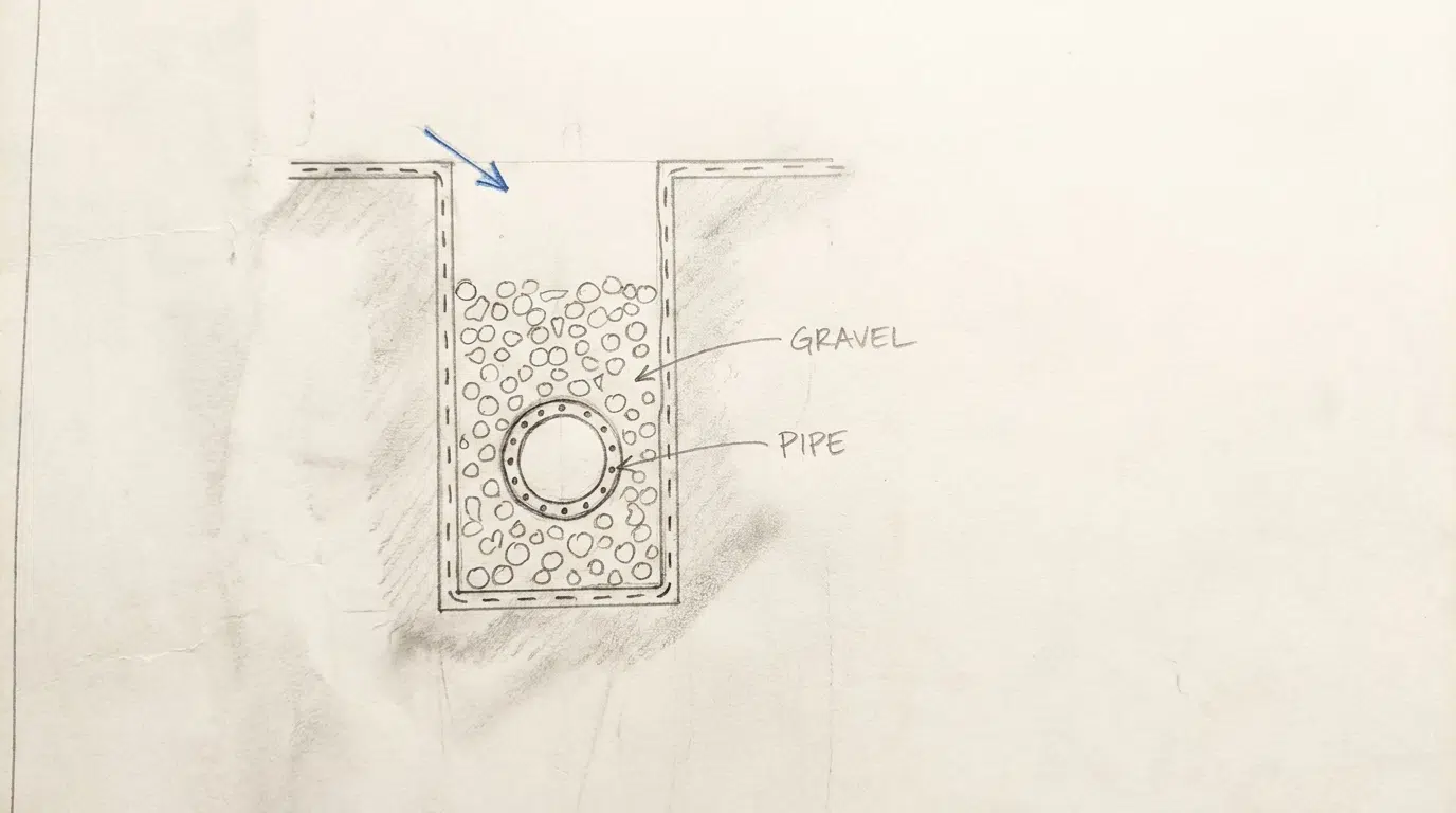 a French drain trench with gravel around a perforated pipe