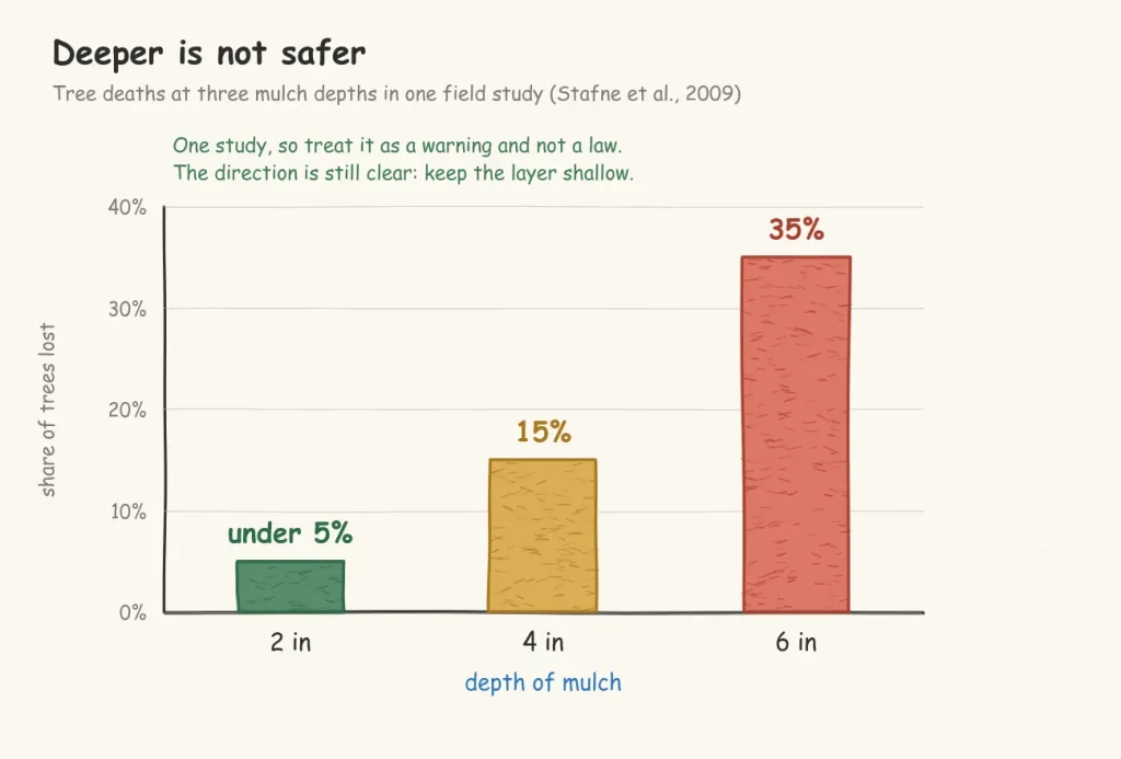 bar chart showing tree deaths rising from under 5 percent at 2 inches of mulch to 35 percent at 6 inches