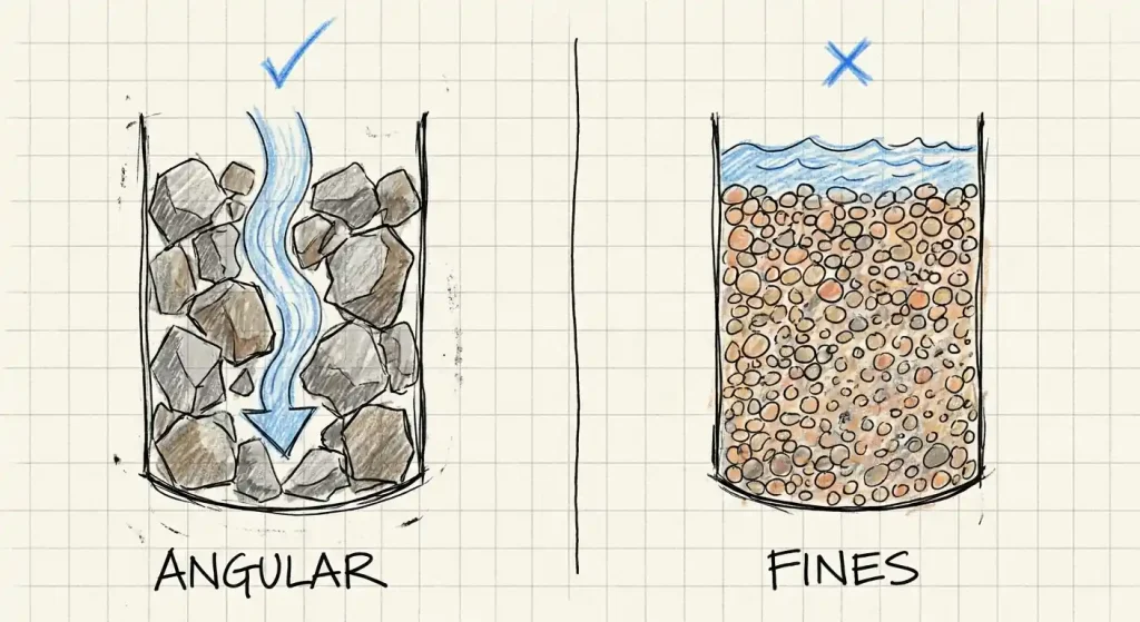 comparing angular clean stone with water flowing through versus fine rounded gravel with water pooling on top