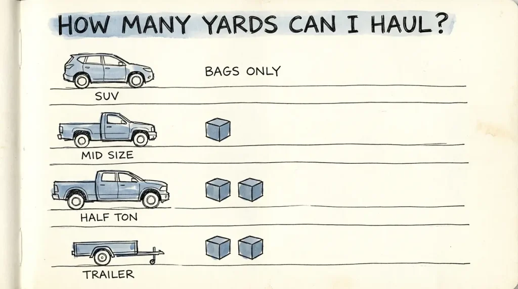 comparison chart showing SUV holds bags only, midsize pickup one yard, half-ton two yards, and utility trailer two yards