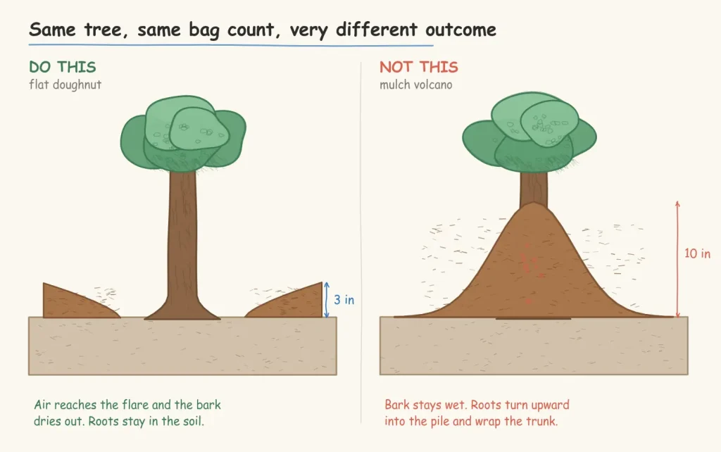 comparison of a correct flat mulch doughnut next to a mulch volcano piled against the trunk