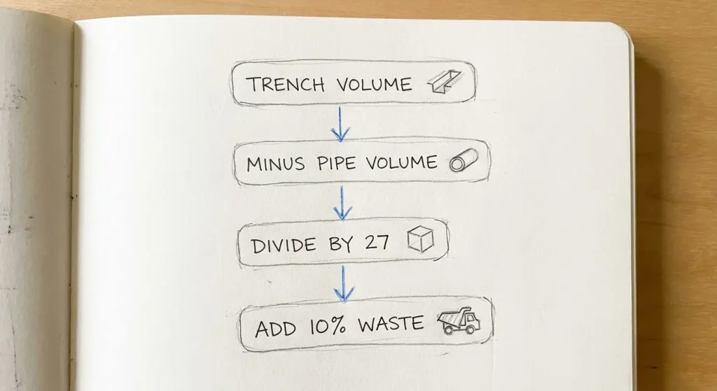 four step flow: trench volume, minus pipe volume, divide by 27, add ten percent waste