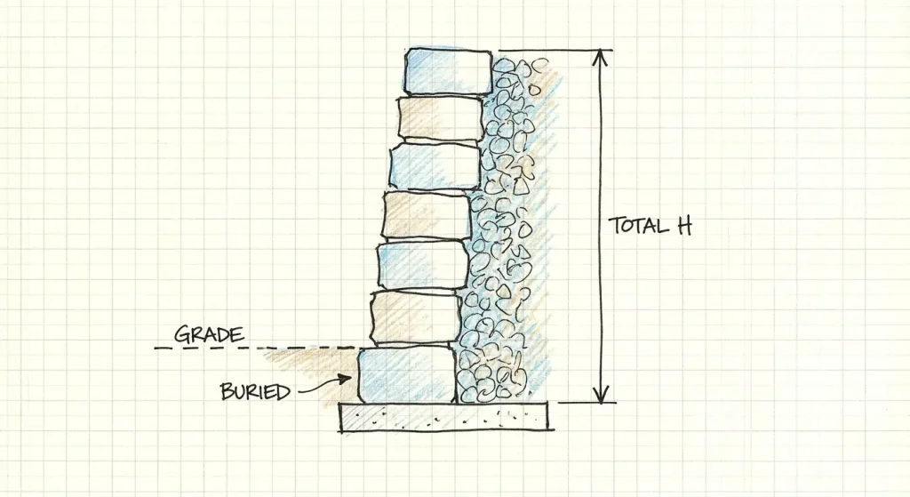 the buried bottom course below grade and a dimension arrow marking total wall height from the base pad up
