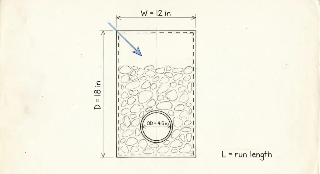 trench cross-section with width, depth, and pipe outside diameter labeled